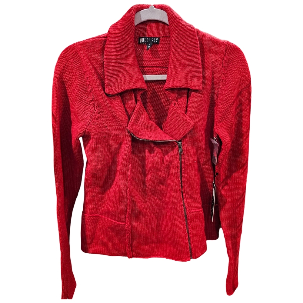 New Carole Little Size M Red Zip Wool Blend Cardigan Flap Front Sweater Top Wome